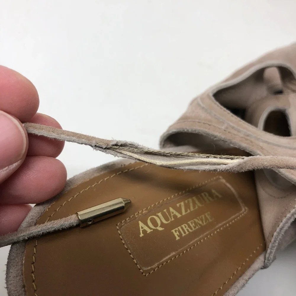 Aquazzura Belgravia Wedge Sandal Women 40 US 10 Taupe Suede Lace Up Cutout Italy